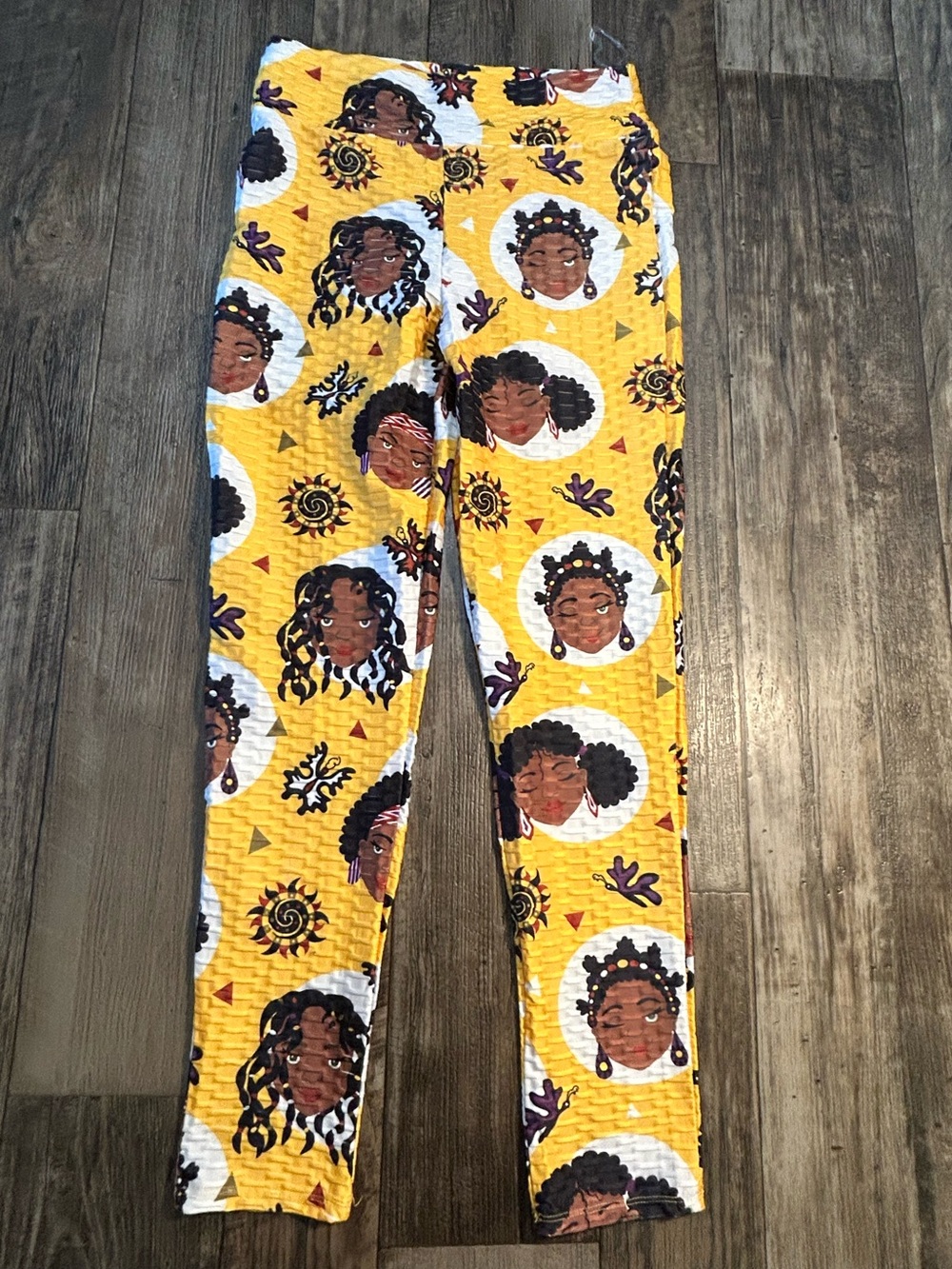 Yellow Patterned Women's Leggings with Afrocentric Portraits